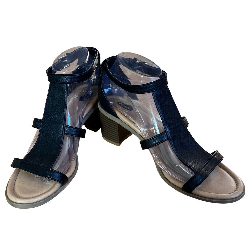 DR. SCHOLL’S Sandal Black 9 Ankle Strappy 2.5” Block Heel SHINE‎ Faux Leather